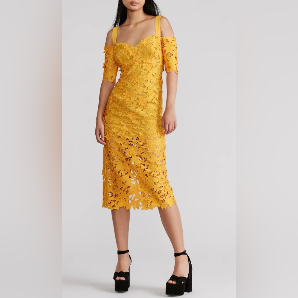Zac Posen Yellow Lace Midi Dress